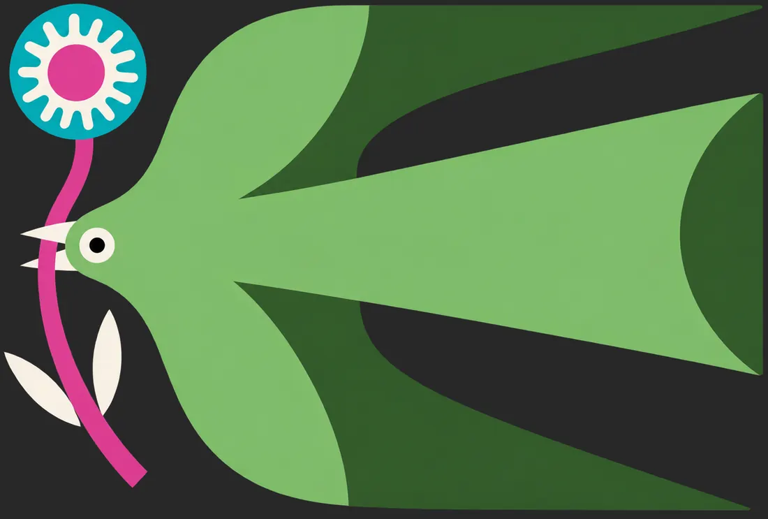Green bird carrying a flower, from the Noli South can art